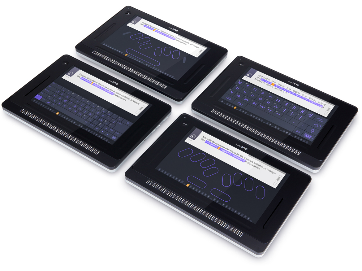 Image of 4 tablets, with different keyboards on the screen, two Braille keyboards, AZERTY keyboard, correan keyboard