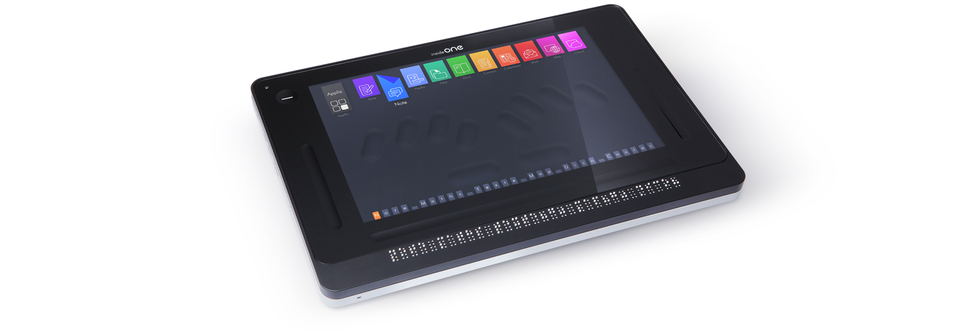 La photo représente la tablette insideONE allumée avec à l'écran, le menu des applications de HOME.