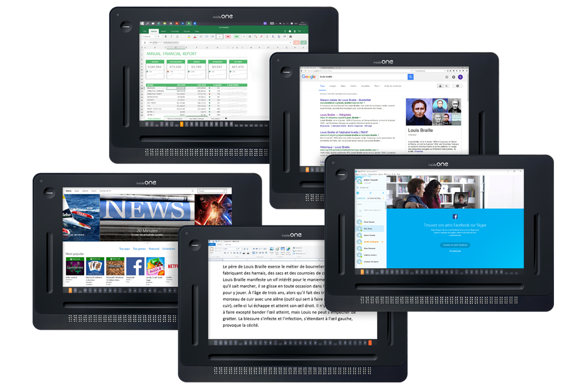 Images de la tablette insideONE, avec des écrans de Google, Skype, Excel et Word