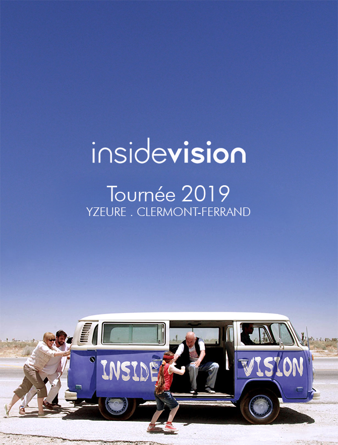 Photo représentant le logo insidevision avec un van insidevision se préparant à faire la tournée 2019 à Yseure, et Clermont-Ferrand