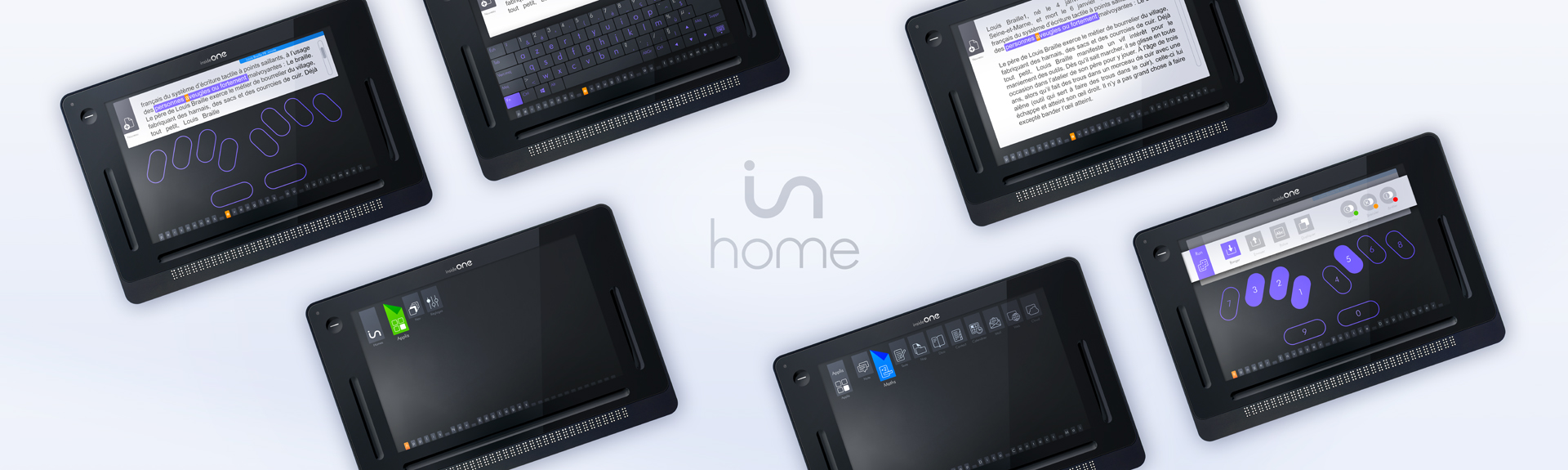 La photo représente plusieurs tablettes insideONE allumées avec différents écrans selon les applications de HOME.